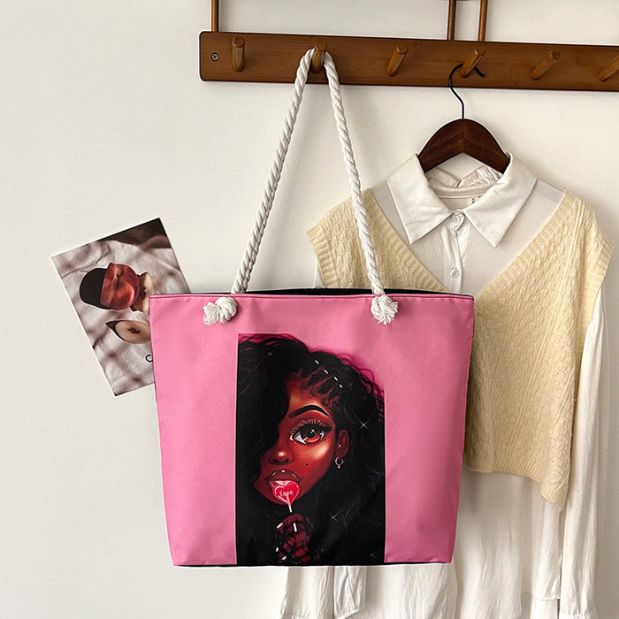 Wholesale Outdoor practical versatile retro canvas bag cartoon print portable beach bag large capacity