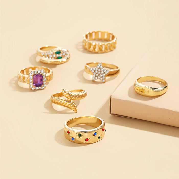 Wholesale Specially designed for personalized alloy 7-piece ring set, star niche stacking set, metal exaggerated opening ring set