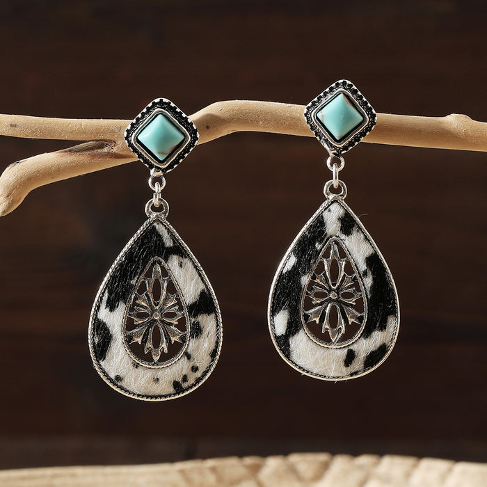 Wholesale Retro Western style turquoise decorated cow pattern earrings