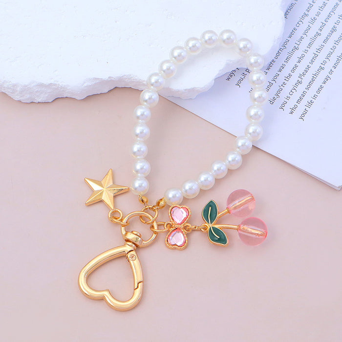 Wholesale Advanced Water Diamond Bow Cherry Keychain Pearl Chain Bag Pendant Car Hanging Accessories Versatile Accessories