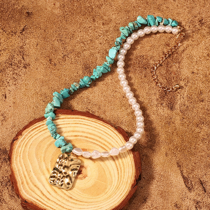 Wholesale Turquoise Pearl necklace geometric pleated alloy pendant necklace