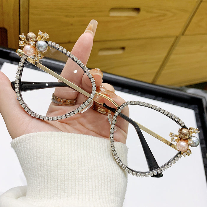 Wholesale Flat lens anti blue light large frame inlaid with diamonds and pearls, elegant and fashionable high-end frame glasses