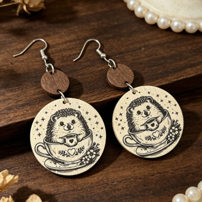 Wholesale Wood Hedgehog Print Drop Earrings Retro Star Pattern Fashion Accessory