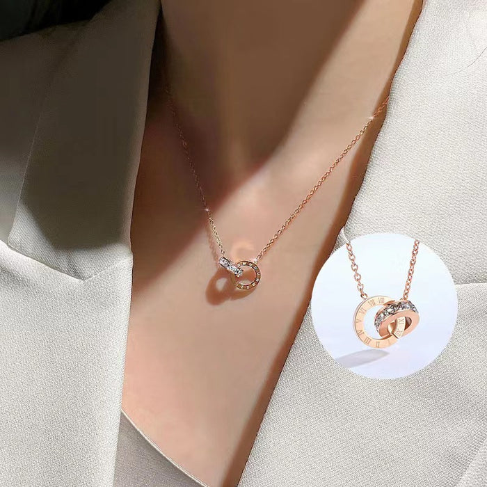 Wholesale Small niche design, dual ring full body titanium steel necklace, versatile and colorfast, simple collarbone chain accessory
