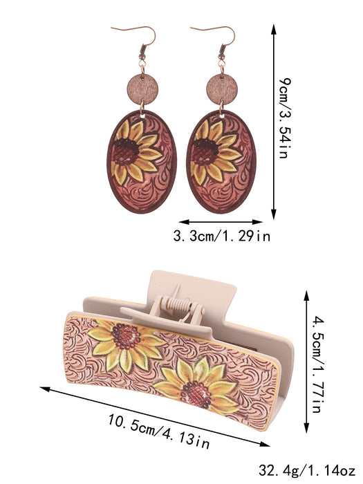 Wholesale Western Denim Wind Sunflower Cactus Leather Women' s Hairpin Grab Clip Shark Clip Plus Earrings Combination