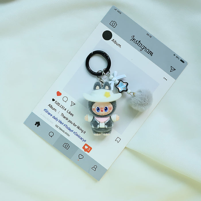 Wholesale Flocked denim car keychain doll jewelry pendant small fur ball cute grain pendant gift