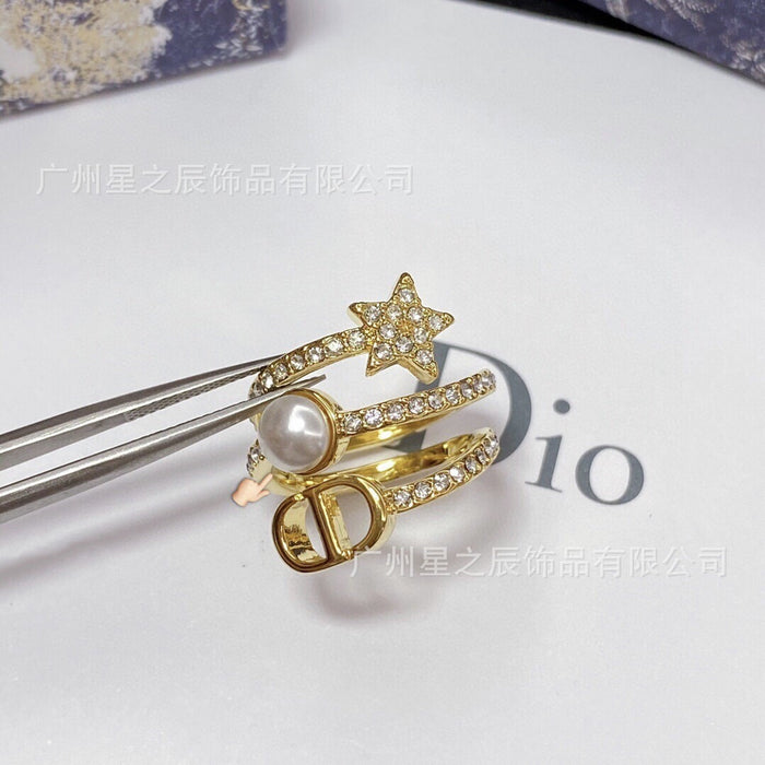 Wholesale Three ring large pearl ring, women's full diamond surround ring