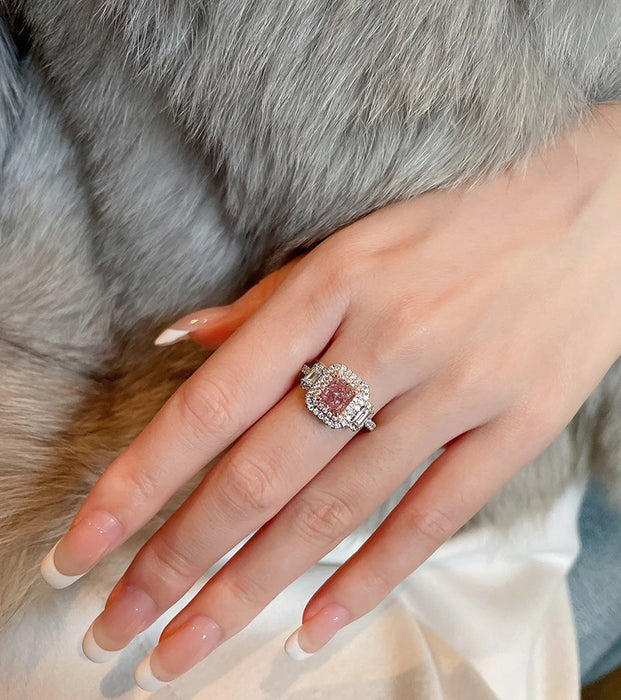 Wholesale Princess Powder Luxury Flash Diamond Pink Diamond Ring Super Flash Micro Set Square Pink Diamond Index Finger Jewelry