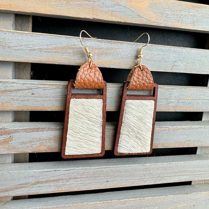 Wholesale Western genuine leather earrings Cow brand geometric hollow inlaid leopard print classic exaggerated earrings