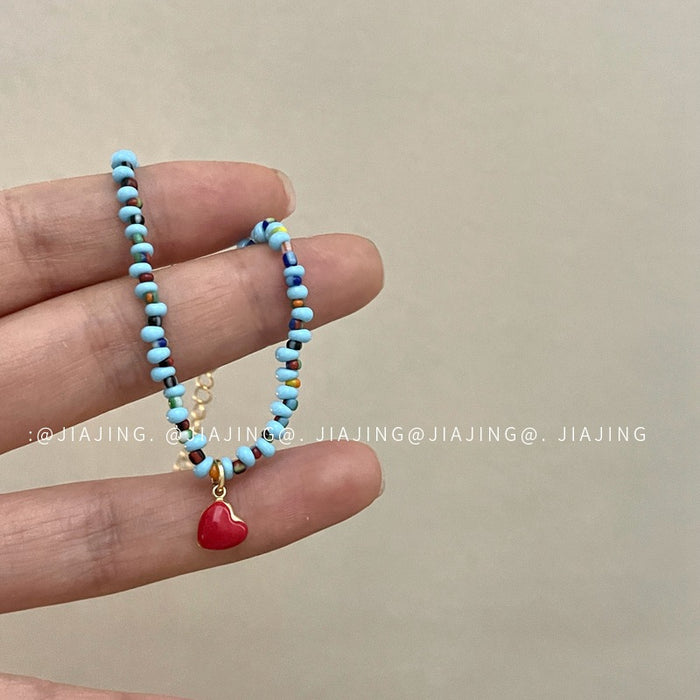 Wholesale Blue bead red heart bracelet, new bracelet with niche design and temperament