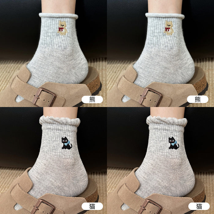 Wholesale Cotton socks, mid tube socks, cartoon embroidered lace socks, cute sports socks