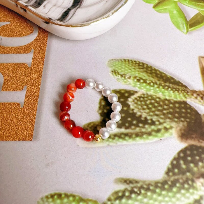 Wholesale Strong light freshwater pearl ring, retro red agate index finger ring, elastic rope ring, stackable ring