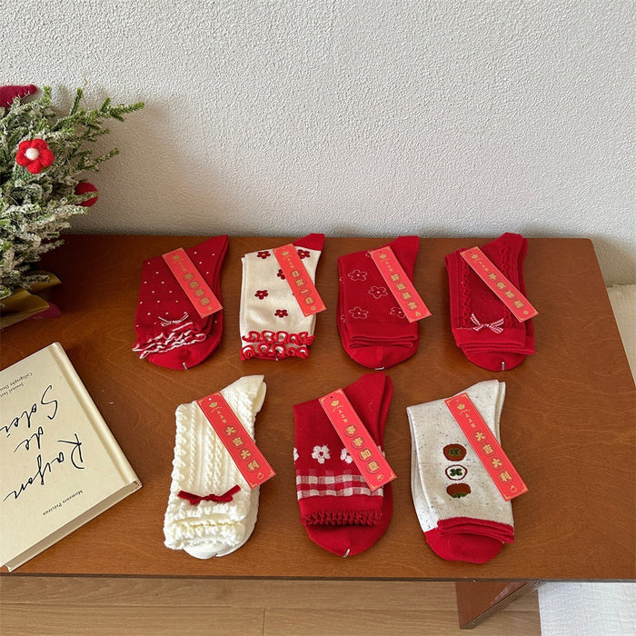 Wholesale Red Socks Children's Middle Socks Flower Bow Pile Cotton Socks