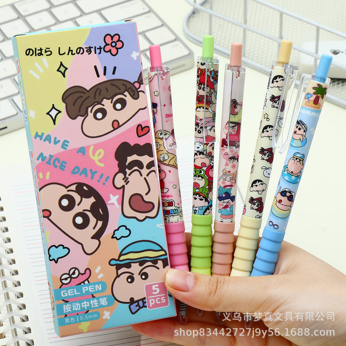 Wholesale 5pcs/set Cute Crayon Fun Brush Pen  Quick-Drying Smooth Press Gel Pen Student Cartoon Burden-Reducing Black Pen
