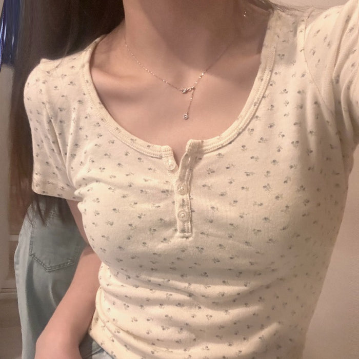 Wholesale Summer new floral short-sleeved right-shoulder crop top for women slimming and slimming bottoming