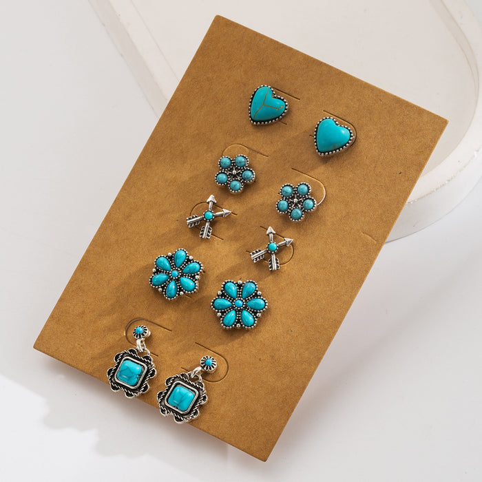 Wholesale 5 pairs of vintage turquoise flower heart geometric stud earrings