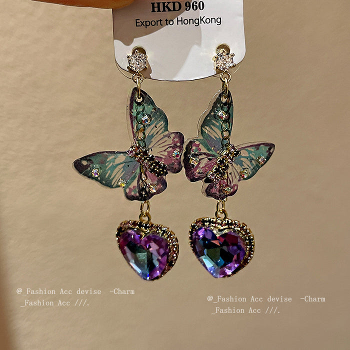 Wholesale Silver Needle Zircon Butterfly Tassel Love Copper Earrings JDC-ES-HuiHe010