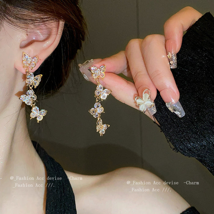 Wholesale Silver Needle Zircon Butterfly Tassel Earrings JDC-ES-HuiHe004