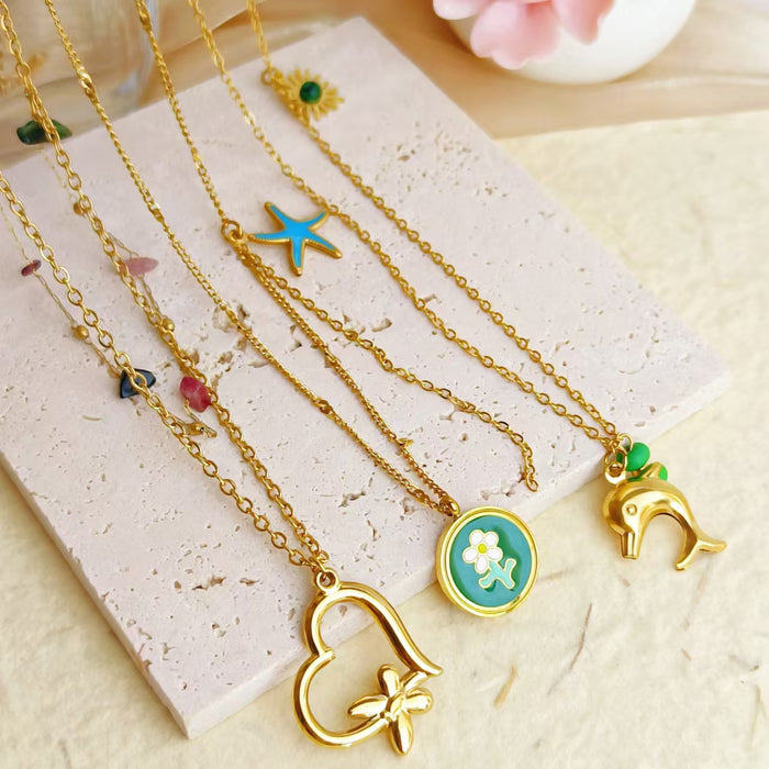 Wholesale Beach starfish oil drop flower necklace, stainless steel collarbone chain, colorfast and versatile accessory