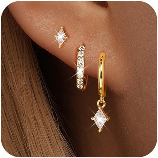 Wholesale Fashionable zircon inlaid earrings, light luxury, simple octagonal star geometric diamond inlaid pendant earrings, versatile