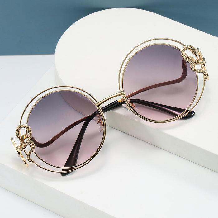 Wholesale Hollow Ocean Piece Color Round Frame Sunglasses Metal Double Loop Retro Sunglasses