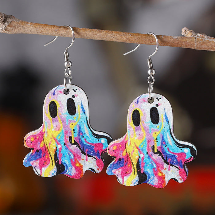 Wholesale  cute western cowboy hat painted ghost pendant earrings wooden double-sided earrings