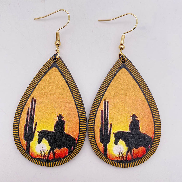 Wholesale Retro Wooden Earrings Western Denim Series Cowhead Sunflower Boho Earrings