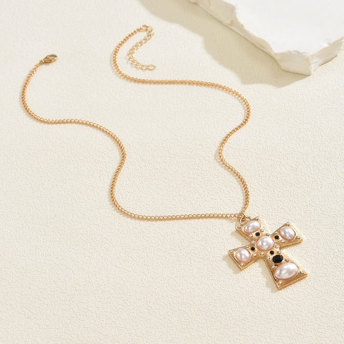 Wholesale Imitation Pearl Metal Cross Pendant Necklace Clavicle Chain