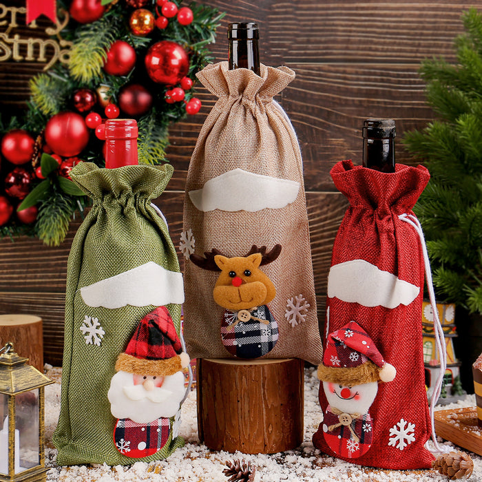 Wholesale Christmas linen old man figurine wine bottle cover holiday hotel dining table cartoon three-dimensional drawstring wine bag
