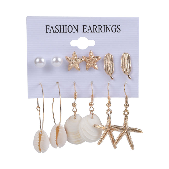 Wholesale New starfish earring set, simple beach style, shell pearl 6-piece set
