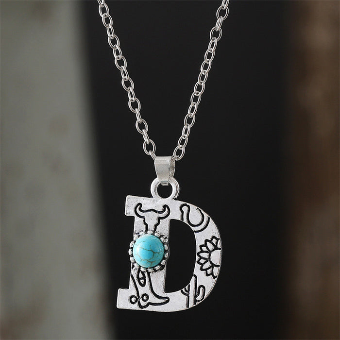 Wholesale 2pcs Retro 26 English Letter Turquoise Necklace