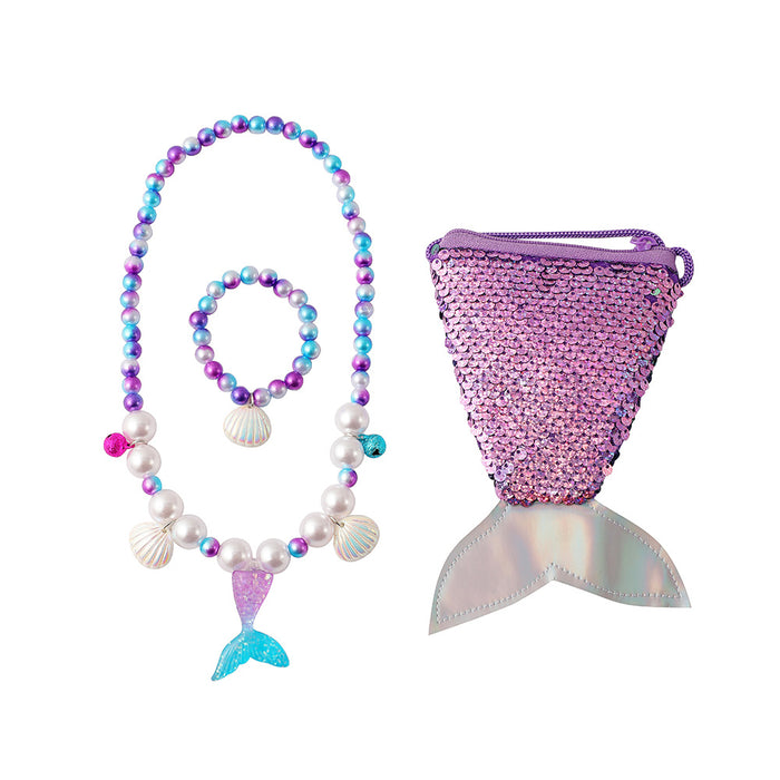 Wholesale Children' s new synthetic pearl jewelry set cute cartoon mermaid tail beaded necklace bracelet earring set