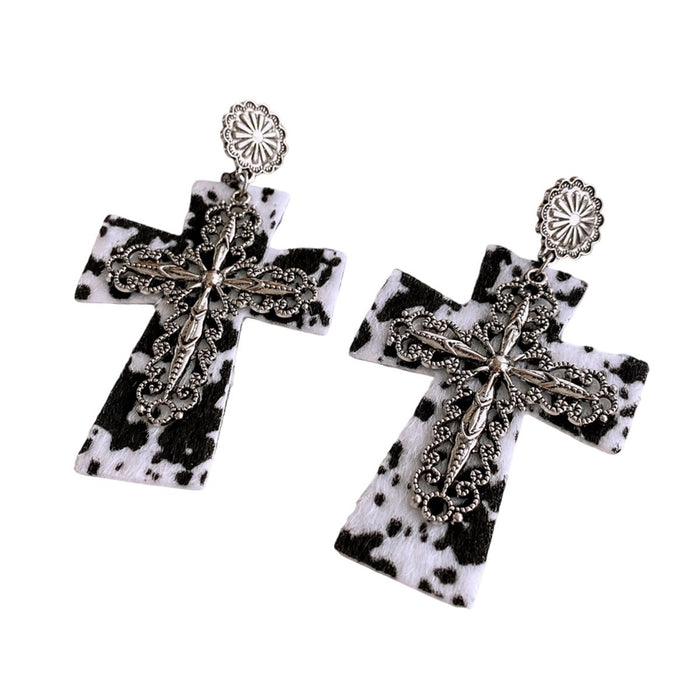 Wholesale Western-style leather leopard print cross earrings