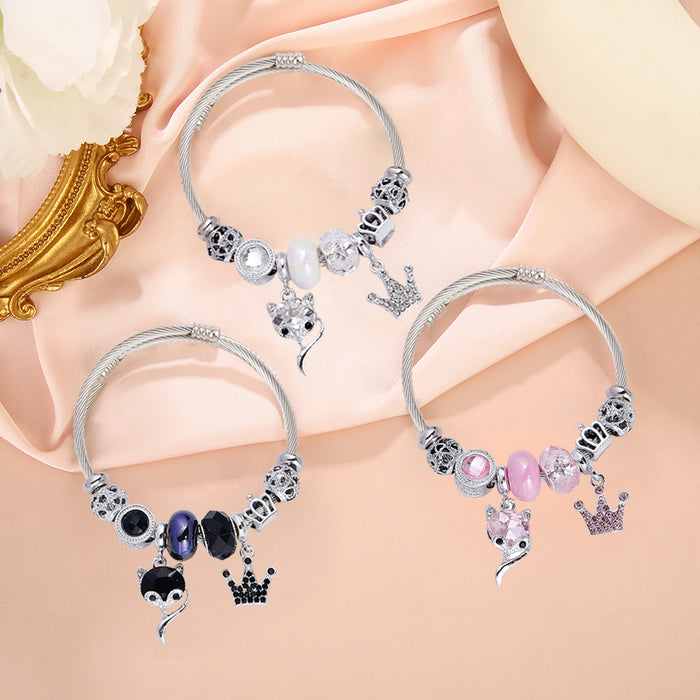 Wholesale Fox Crown Pendant Crystal Beaded Bracelet Women Stainless Steel Fashion Accessory Gift