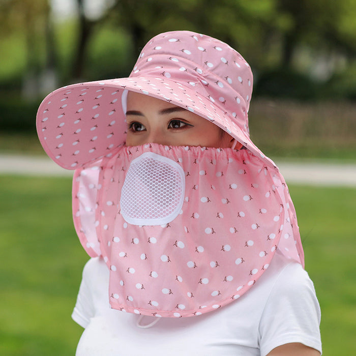Wholesale Cherry print tea-picking hat, sun hat, sun protection face-covering summer hat