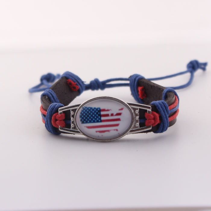 Wholesale Flag genuine leather woven bracelet with adjustable DIY zinc alloy red, white, and blue bracelet