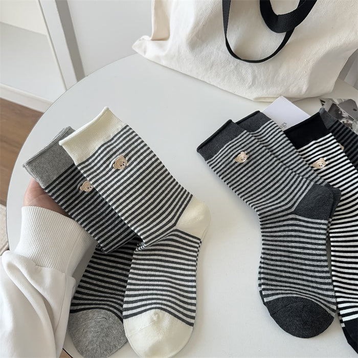 Wholesale Mid length socks, cotton socks, rolled edge striped pile socks, embroidered long socks