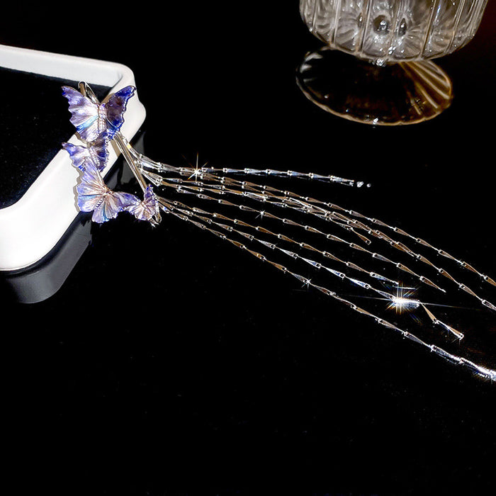 Wholesale Dreamy Blue Butterfly Long Tassel Earclip Personalized Earrings Trendy Earrings for Women