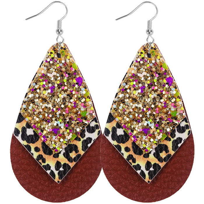 Wholesale Bohemian Style Multi-Layered Classic Leopard Print Sequin Women' s Leather Earrings Available in Multiple Colors