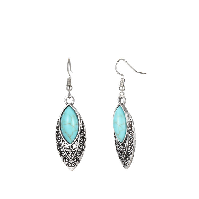 Wholesale Vintage turquoise oval carved openwork earrings