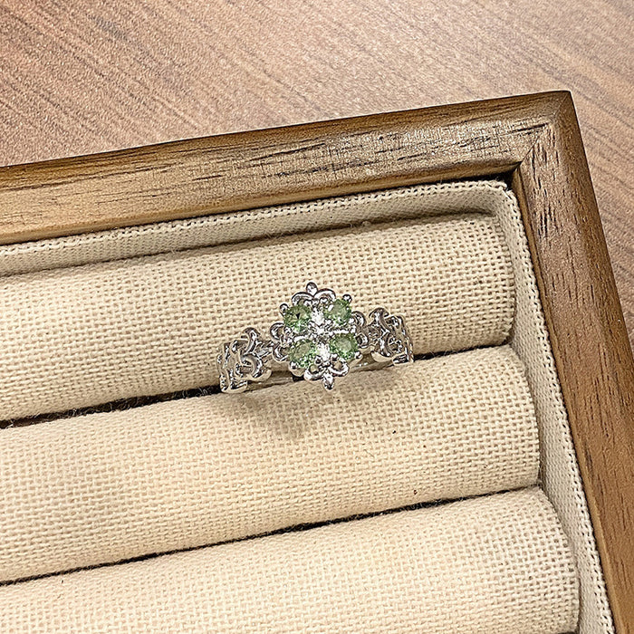 Wholesale Small niche luxury colored micro inlaid open ring with fashionable hollow flower temperament, layered wearing