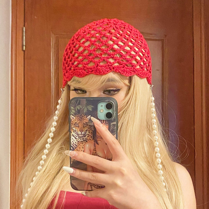Wholesale Hollow out handmade crochet hat vintage pearl bow tassel travel versatile knitted hat