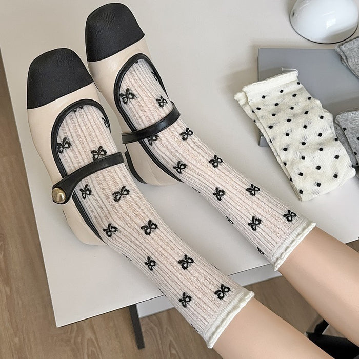 Wholesale Stacked socks, mid length socks, summer thin mesh hollow butterfly knot polka dot socks