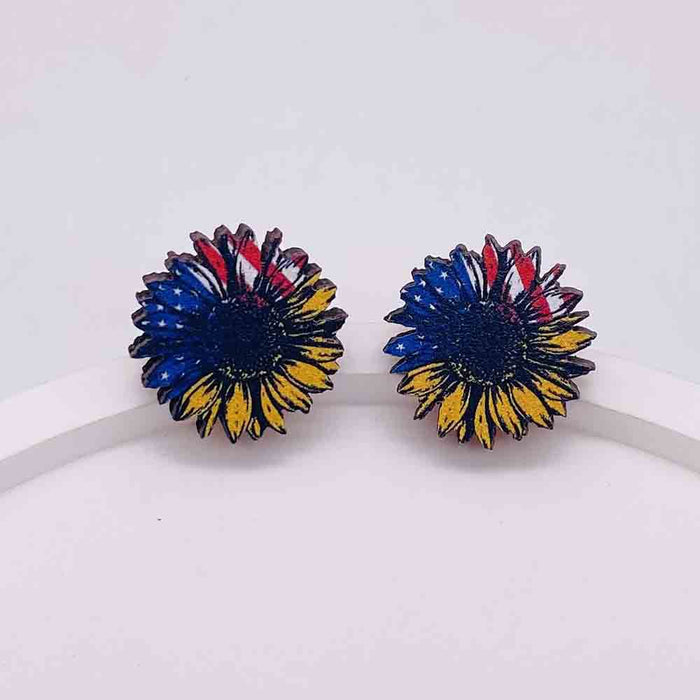 Wholesale Independence Day Wooden Earrings US Flag Heart-shaped Five-pointed Star Sunflower Earrings