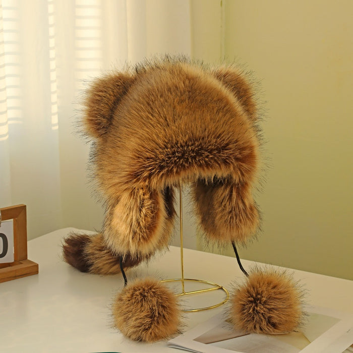 Wholesale small raccoon ear protection cap raccoon fur overlord cap winter warm straw hat for boys and girls