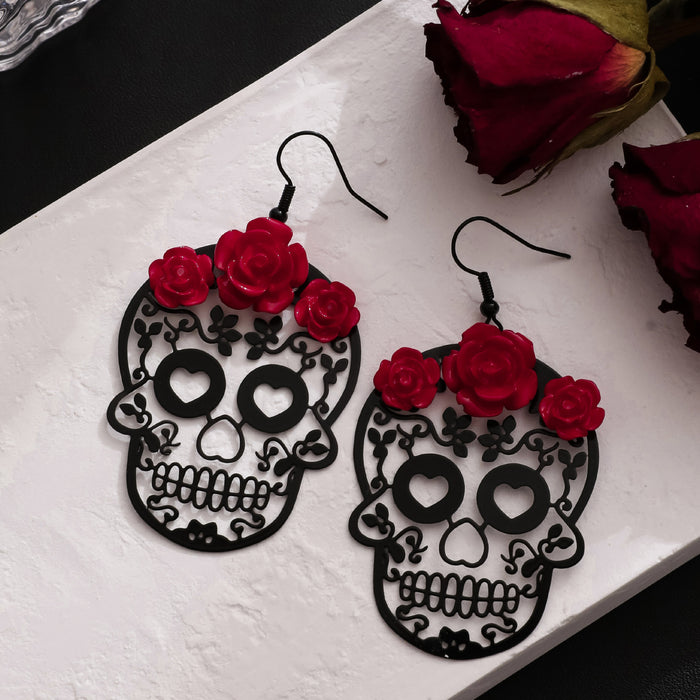 Wholesale Halloween Dark Gothic Style Rose Hollow Love Skull Alloy Earrings JDC-ES-JunJie001