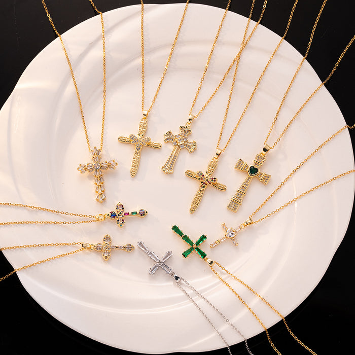 Wholesale Fashion colored zircon cross necklace, niche design accessory, collarbone chain