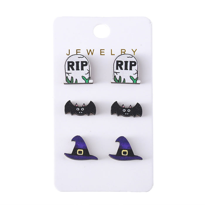 Wholesale  Bat Pumpkin Black Cat Skull Ghost Earring Set Wooden Party Earring Gift