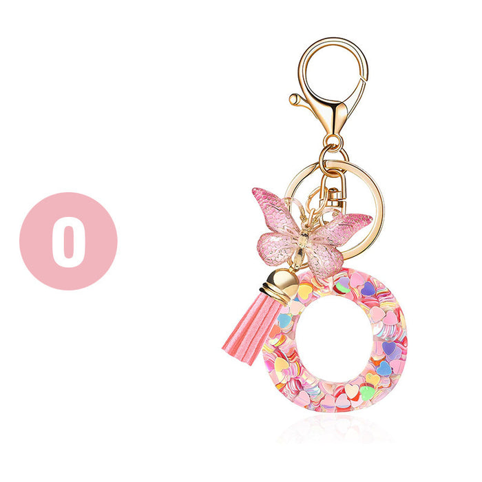 Wholesale Fashion pink letter key chain love sequins butterfly tassel key chain crystal  accessories