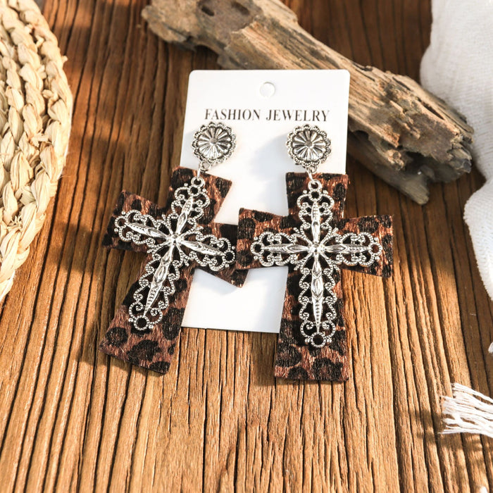 Wholesale Leather leopard print cross earrings niche design retro ing earrings
